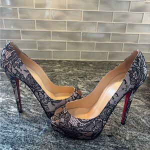 Christian Louboutin Black Lace Peep-Toe Heels